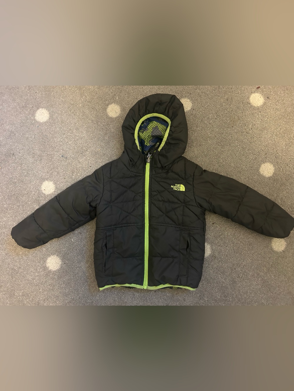 The North Face Toddler Boy Grey Puffer Jacket with Lime Green Trim